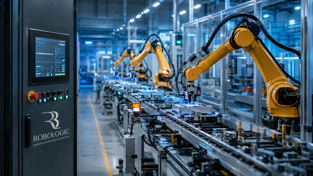 Industrial robotic arms on an automotive production line Industrial robotic arms on an automotive production line
